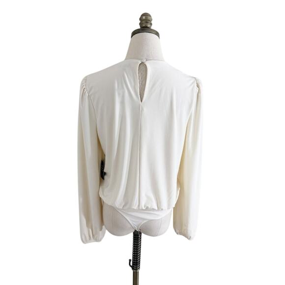 Express Cream Long Sleeve Blouson Bodysuit Size Medium Draped Detail Crew Neck - Picture 5 of 8